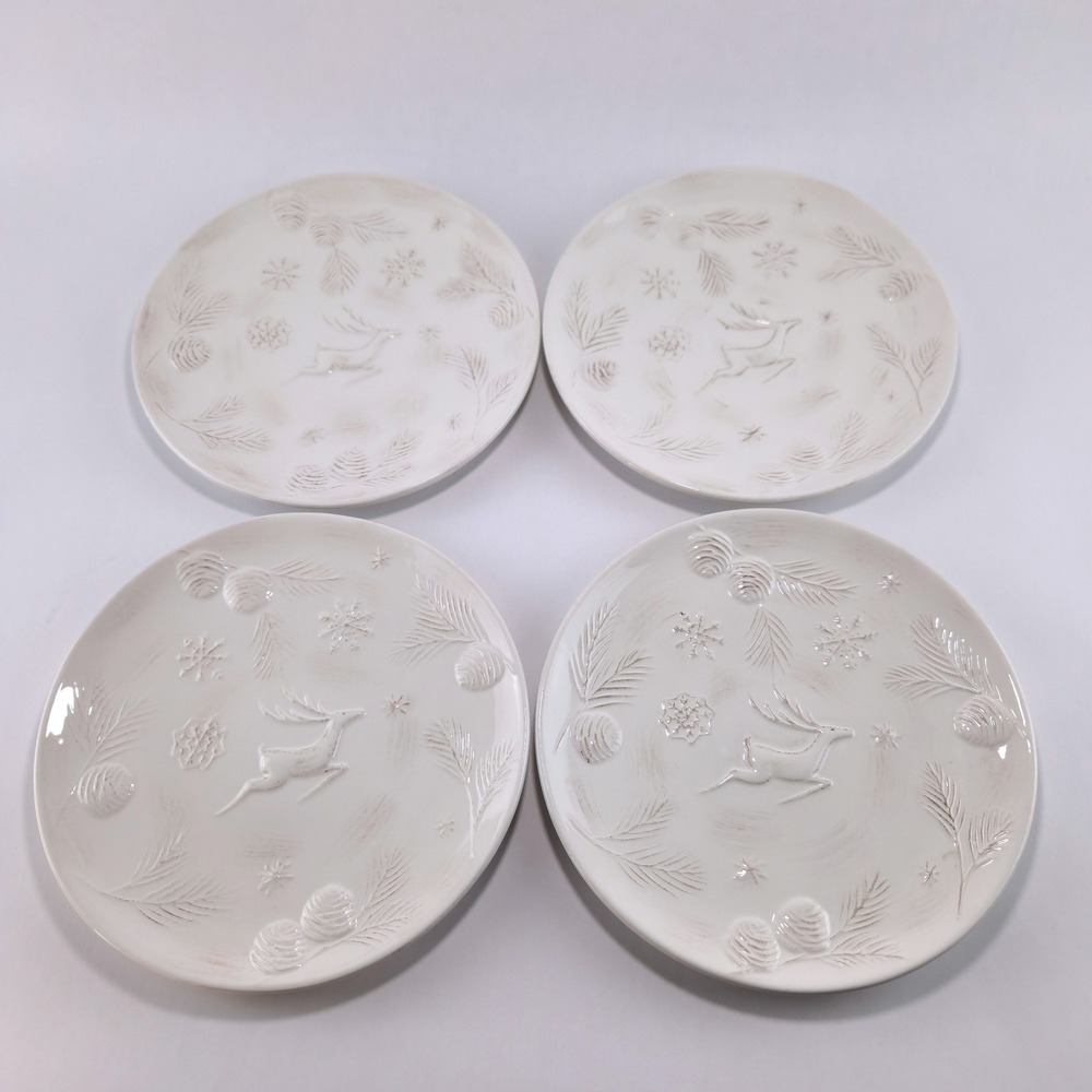 Woolrich Winter White Salad Plates Set of 4 Embossed Reindeer Christmas 8.75"